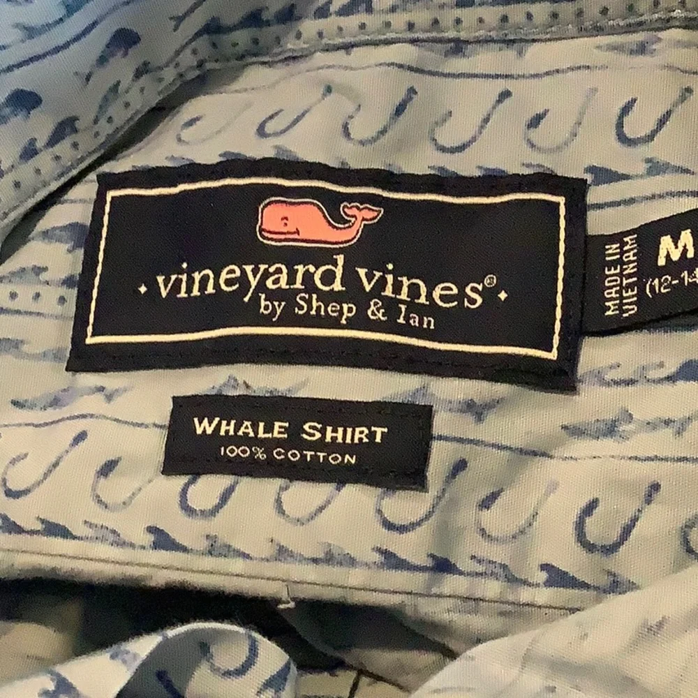 VINEYARD VINES Boy’s 100% Cotton Blue Summer Nautical “Whale Shirt” M 12-14